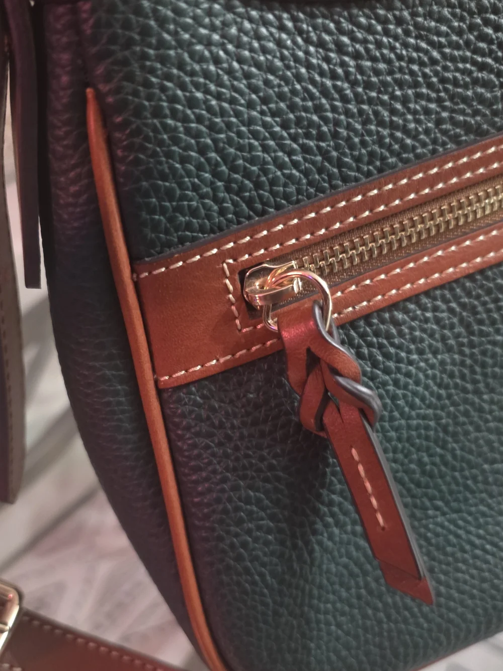 Dooney & Bourke Green Pebble Leather Crossbody with Brown Trim and Gold Hardware